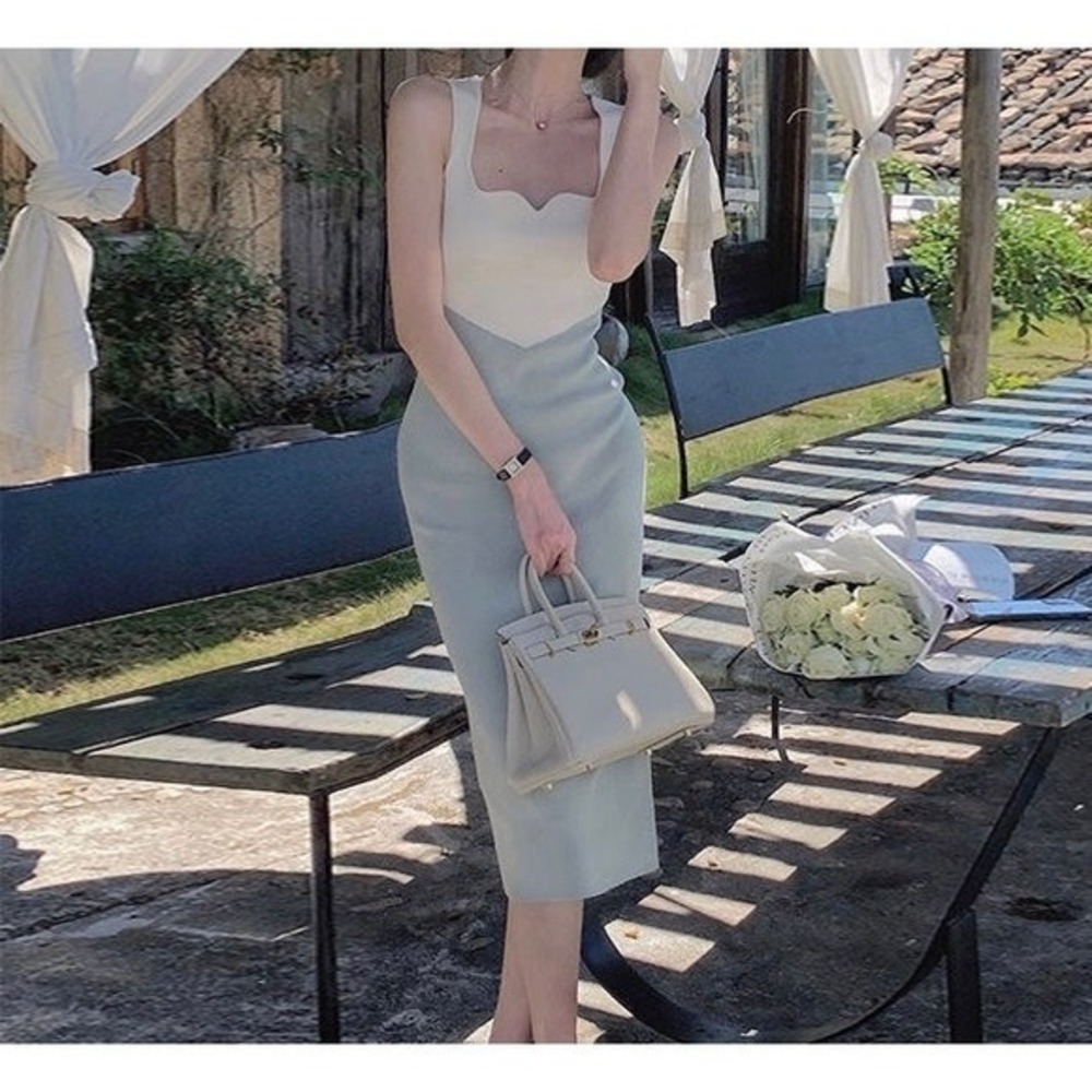 Knit Color Block Midi Dress White Blue Sweetheart‎ Neck Sleeveless Sheath Dress